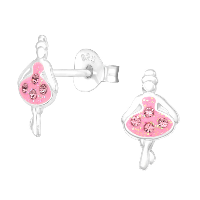 Joy|S - Zilveren ballerina danseres oorbellen - zilver roze met glittertjes en roze kristalletjes - 6 x 11 mm - kinderoorbellen