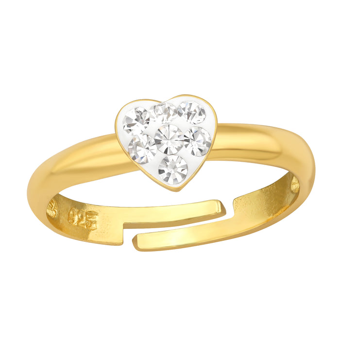 Joy|S - Zilveren hartje ring - verstelbaar - wit kristal - gold plated / goudplating - voor kinderen