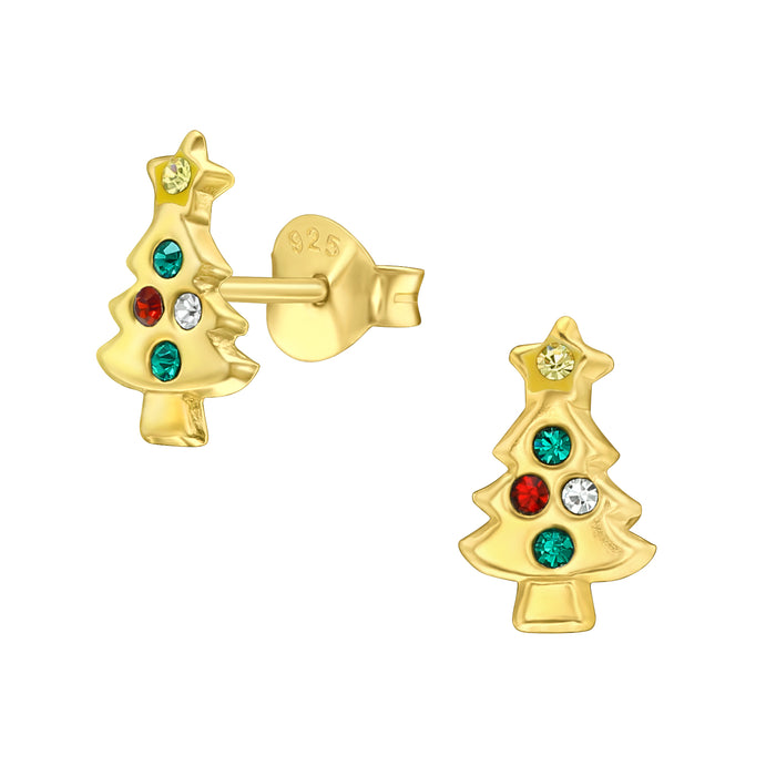 Joy|S - Zilveren kerstboom oorbellen - 6 x 10 mm - goudplating met kristalletjes - kerst oorknoppen - kinderoorbellen