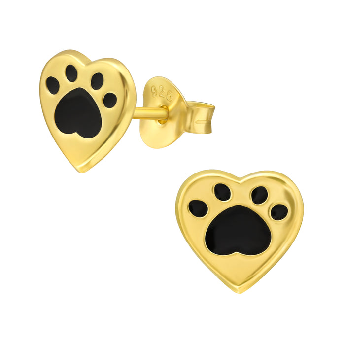 Joy|S - Zilveren kat hond dierenpoot hartje oorbellen - 8 x 7 mm - hartje oorknoppen - poot afdruk - gold plated / goudplating
