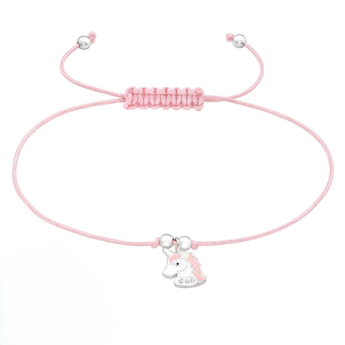 Joy|S - Zilveren eenhoorn bedel armband - unicorn bedel sterling zilver 925 met kristal - roze koord