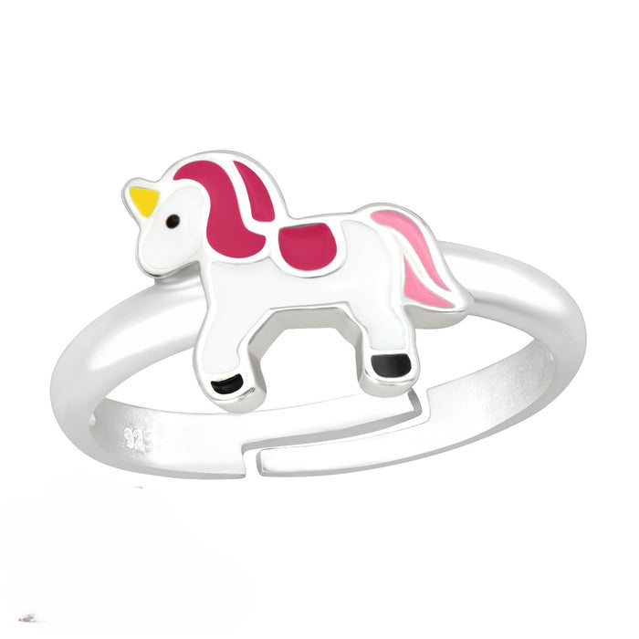 Joy|S - Zilveren eenhoorn ring - verstelbaar - unicorn - wit roze met geel - voor kinderen