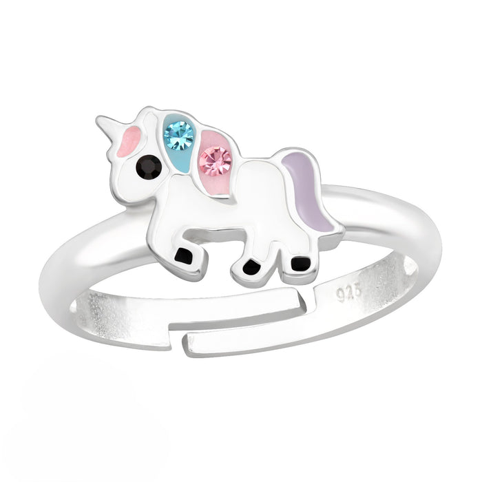 Joy|S - Zilveren eenhoorn ring - verstelbaar - roze turquoise lila met kristal - voor kinderen