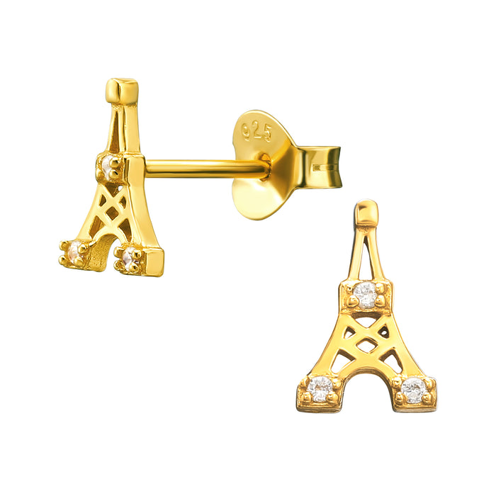 Joy|S - Zilveren eiffeltoren oorbellen - 5.5 x 8.5 mm - zirkonia - oorknoppen - goudplating / gold plated