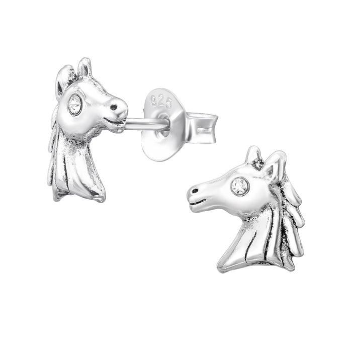 Joy|S - Zilveren paard oorbellen - 7.7 x 9 mm - kristal - geoxideerd - paardenhoofd - kinderoorbellen