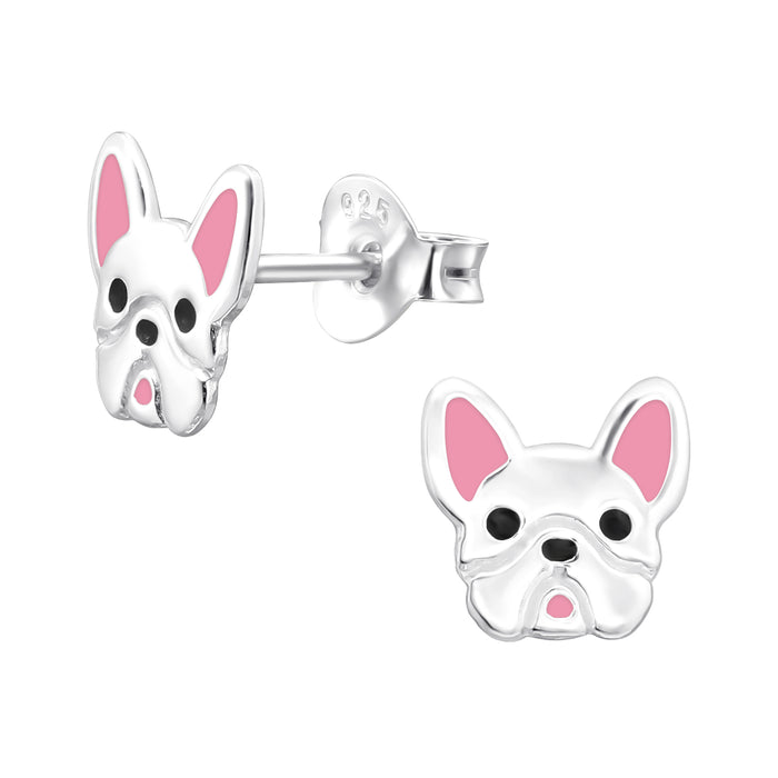 Joy|S - Zilveren hond oorbellen - zilver met roze oortjes - 7.7 x 7.5 mm - kinderoorbellen