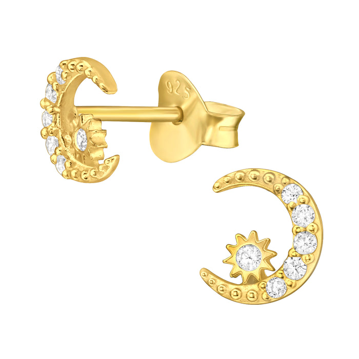 Joy|S - Zilveren maan oorbellen - 6 mm oorknoppen - zirkonia - goudplating / gold plated