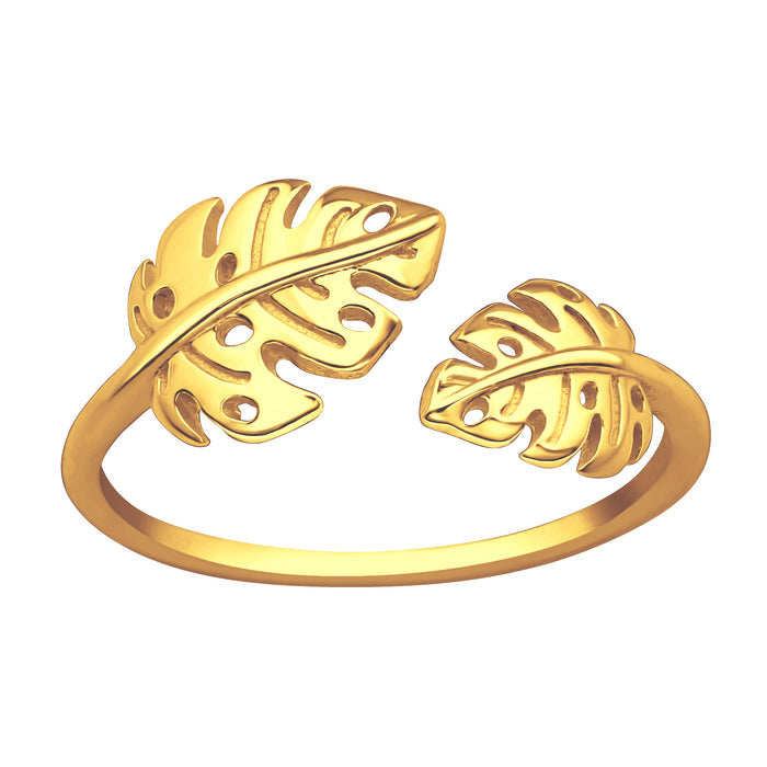 Joy|S - Zilveren blad ring verstelbaar - monstera - (maat 8: zie omschrijving) - aanschuifring - goudplating