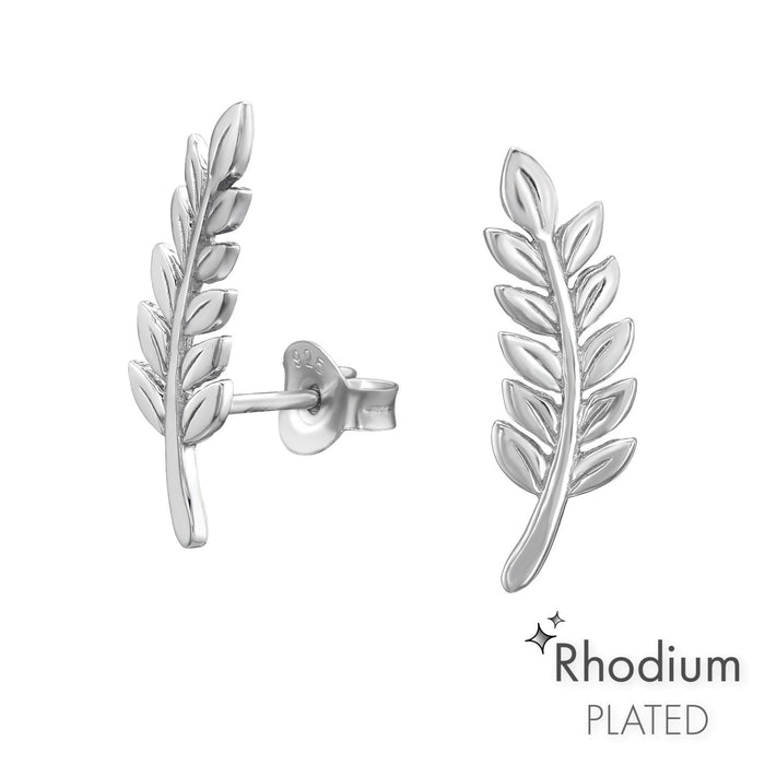 Joy|S - Zilveren blad oorbellen - 6 x 17 mm - blaadjes / takje oorknoppen - massief - rhodium / gehodineerd