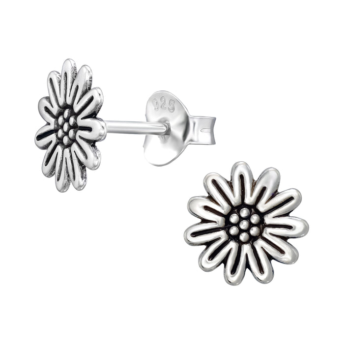 Joy|S - Zilveren bloem oorbellen - 8 mm - zonnebloem - geoxideerd