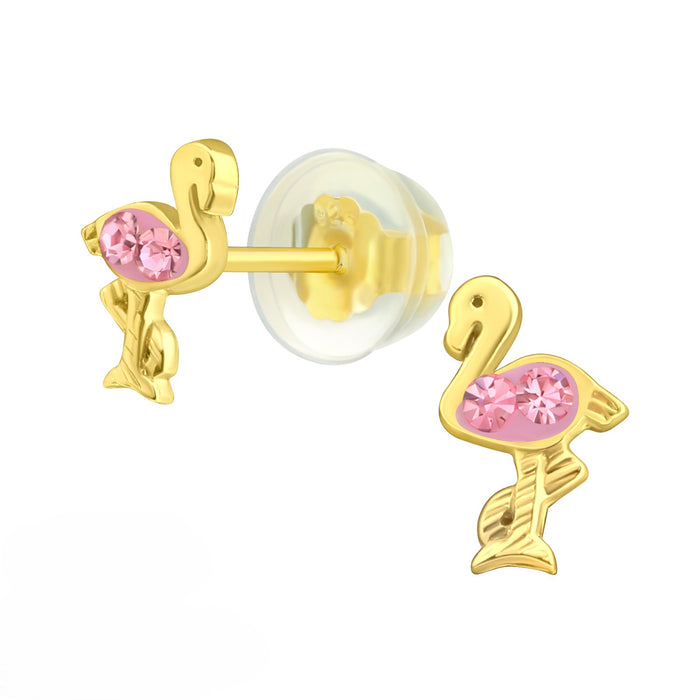 Joy|S - Zilveren flamingo vogel oorbellen - roze kristal - 5 x 8 mm - goudplating - kinderoorbellen met siliconen vlinder sluiting