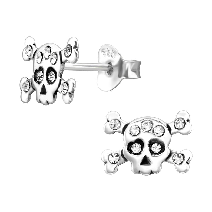 Joy|S - Zilveren skull oorbellen - doodskop oorknoppen - 10 x 7 mm - geoxideerd - kristal - schedel