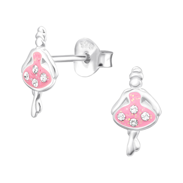 Joy|S - Zilveren ballerina danseres oorbellen - zilver roze met glittertjes en kristalletjes - 6 x 11 mm - kinderoorbellen