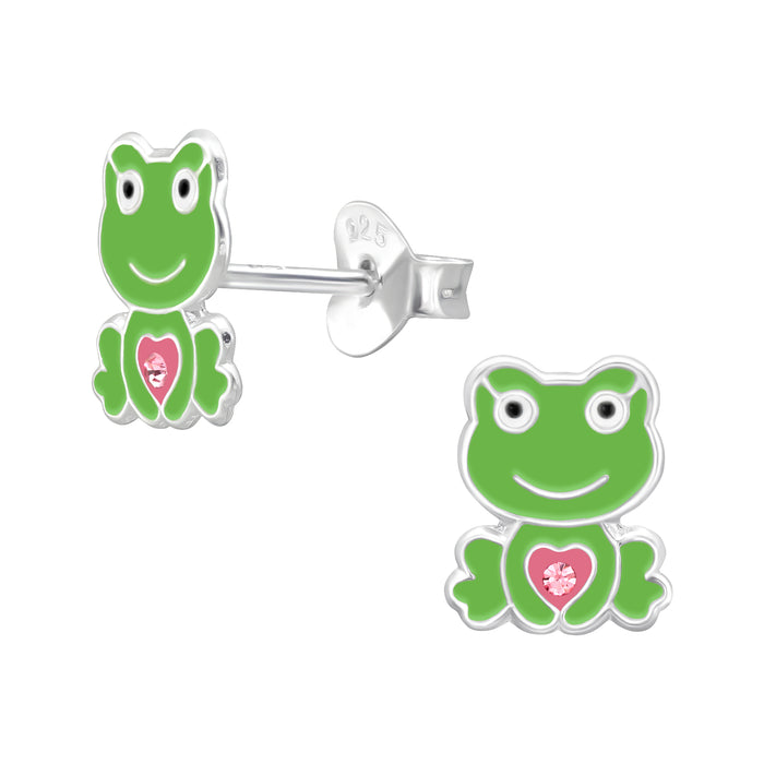Joy|S - Zilveren kikker oorbellen - groen met roze hartje - 7 x 9 mm - roze kristal