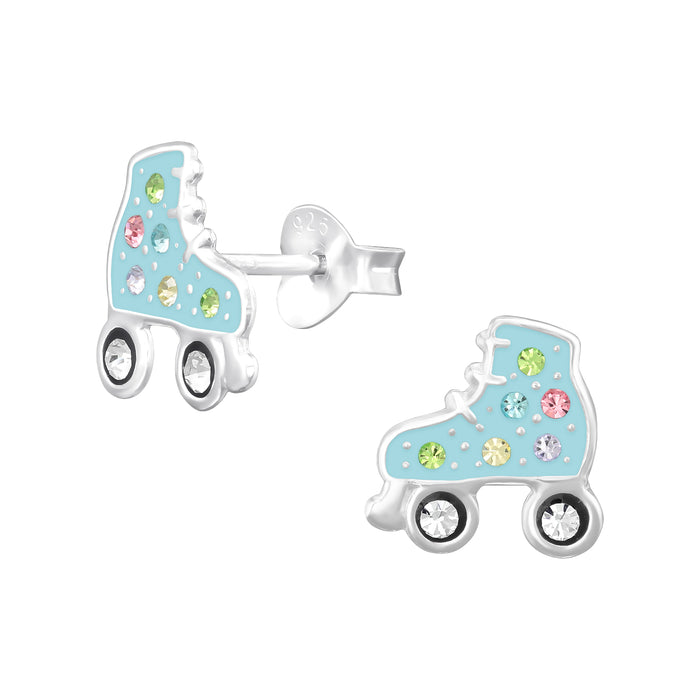 Joy|S - Zilveren rolschaats oorbellen - rollerskates - 9.5 mm - blauw met pastel kleur kristalletjes - kinderoorbellen
