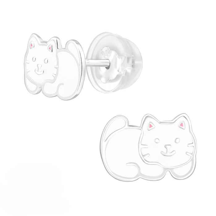 Joy|S - Zilveren kat poes oorbellen - 9.3 x 6.5 mm - wit met roze oortjes - kinderoorbellen - extra zachte sluiting (vlindersluiting met siliconen omhulsel)