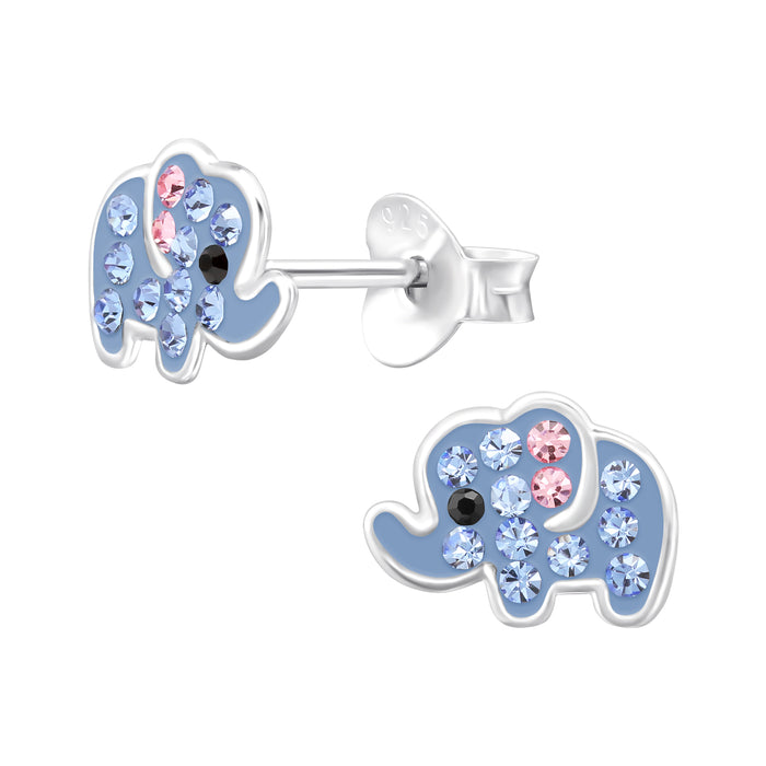 Joy|S - Zilveren olifant oorbellen - blauw met blauw roze kristalletjes - 8.5 x 6.3 mm - kinderoorbellen