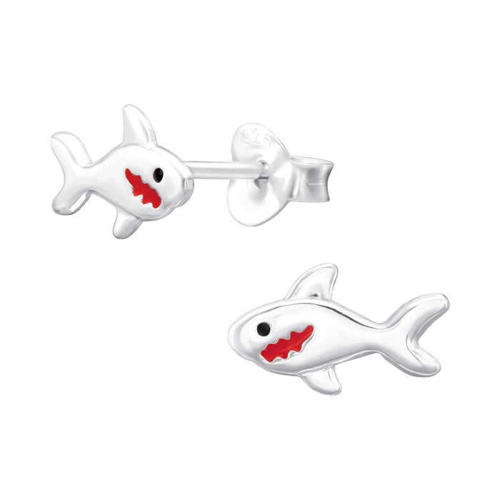 Joy|S - Zilveren haai oorbellen - zilver rood - 10 x 6 mm - vis - kinderoorbellen