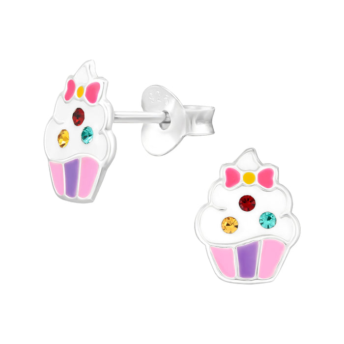Joy|S - Zilveren cupcake oorbellen - 7 x 9 mm - met strikje - kristal - kinderoorbellen