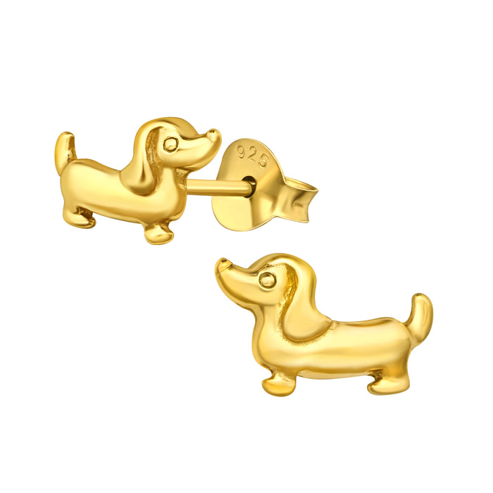 Joy|S - Zilveren hond oorbellen - teckel - 10 x 6 mm - oorknoppen - gold plated / goudplating