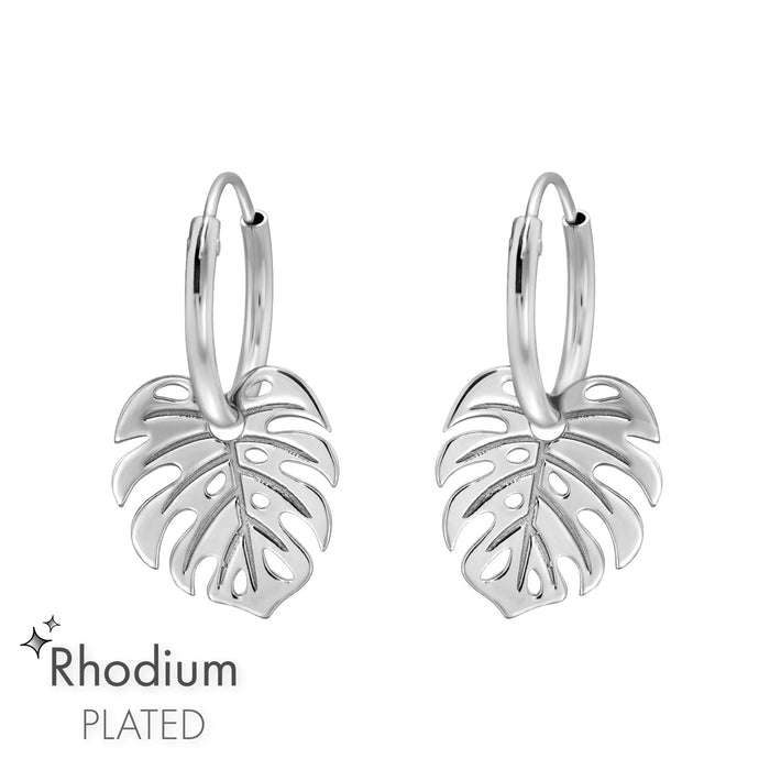 Joy|S - Zilveren blad bedel oorbellen - monstera - oorringen - rhodium / gehodineerd