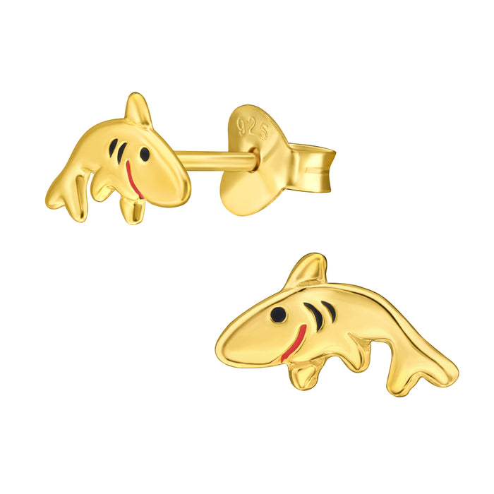 Joy|S - Zilveren haai oorbellen - 9.5 x 5.2mm - vis - kinderoorbellen - gold plated