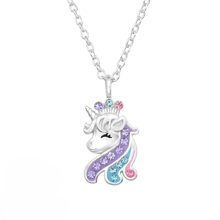 Joy|S - Zilveren eenhoorn paard hanger - kristal - unicorn - inclusief ketting 39 cm (extra oogje bij 36 cm) - zilver met roze paars en blauw