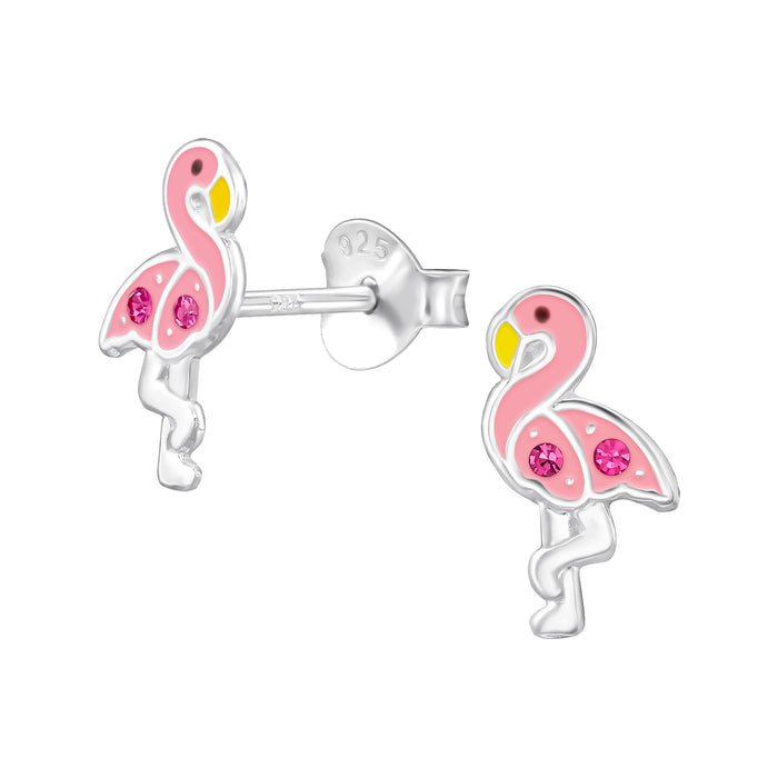 Joy|S - Zilveren flamingo oorbellen - 6 x 10.5 mm - roze - kristal - kinderoorbellen - vogel