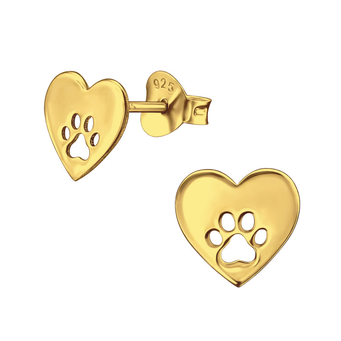 Joy|S - Zilveren hartje met dierenpoot oorbellen - 8 x 7.5 mm - zilver - poot afdruk - goudplating / goldplated