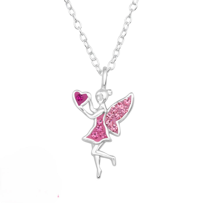 Joy|S - Zilveren fee / elfje hanger - hartje - fairy - inclusief ketting 39 cm (extra oogje bij 36 cm) - zilver met roze en roze kristal