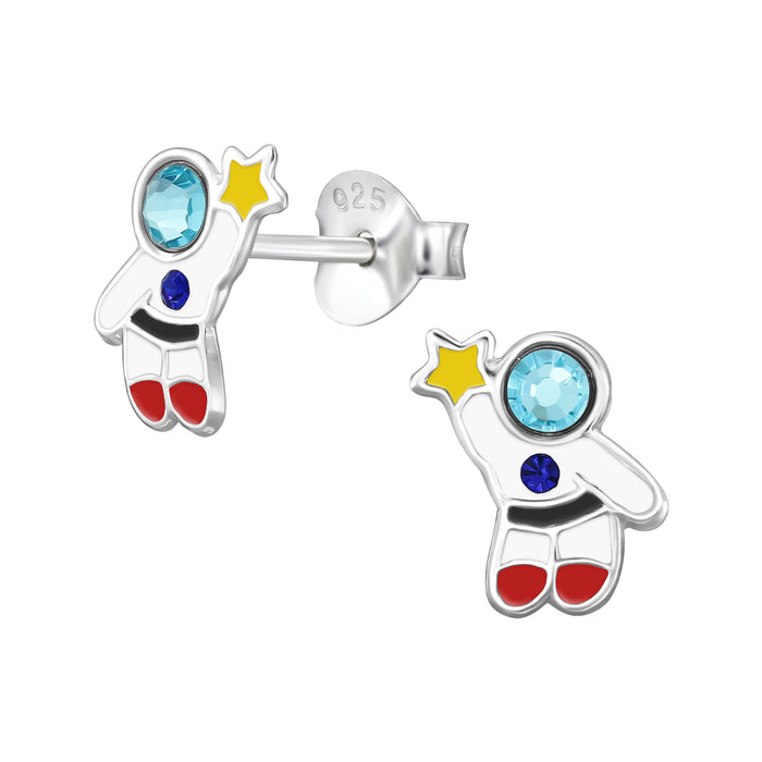 Joy|S - Zilveren astronaut oorbellen - blauw kristal - gele ster - 7 x 8 mm - kinderoorbellen