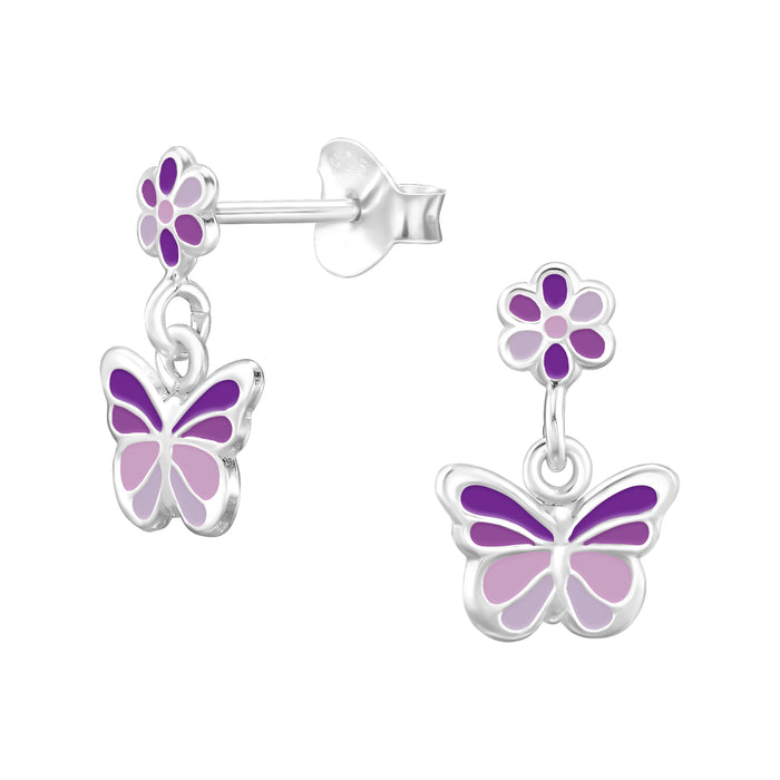Joy|S - Zilveren bloem met vlinder bedel oorbellen - 8 x 12 mm - paars lila zilver - kinderoorbellen