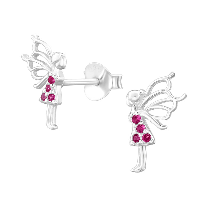 Joy|S - Zilveren engel oorbellen - zilver met robijn roze zirkonia - 7 x 11 mm - fee / elfje oorknoppen - sterling zilver 925