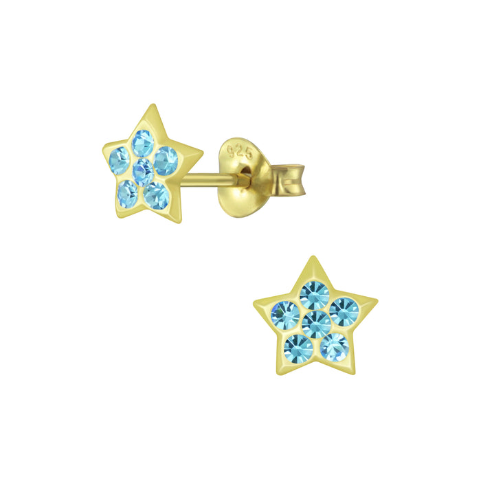 Joy|S - Zilveren ster oorbellen - 6 mm - kristal blauw - goudplating