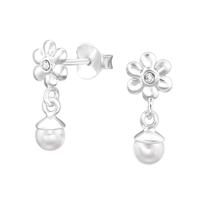 Joy|S - Zilveren bloem met parel bedel oorbellen - 5 x 14 mm - zilver wit - kinderoorbellen