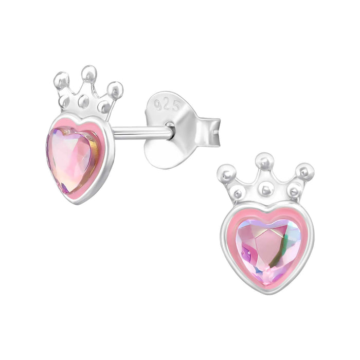 Joy|S - Zilveren hartje oorbellen - met kroontje - roze - 5.5 x 8 mm - prinses oorknopjes - kinderoorbellen - sterling zilver 925