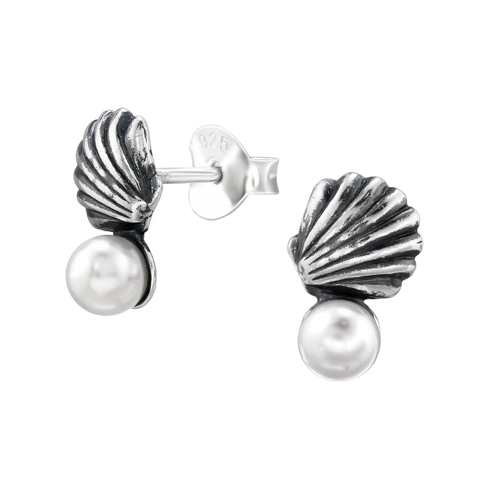 Joy|S - Zilveren schelp oorbellen met witte parel - 10 x 9 mm - geoxideerd