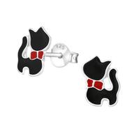 Joy|S - Zilveren kat poes oorbellen - zwart rood strikje - 7 x 10 mm