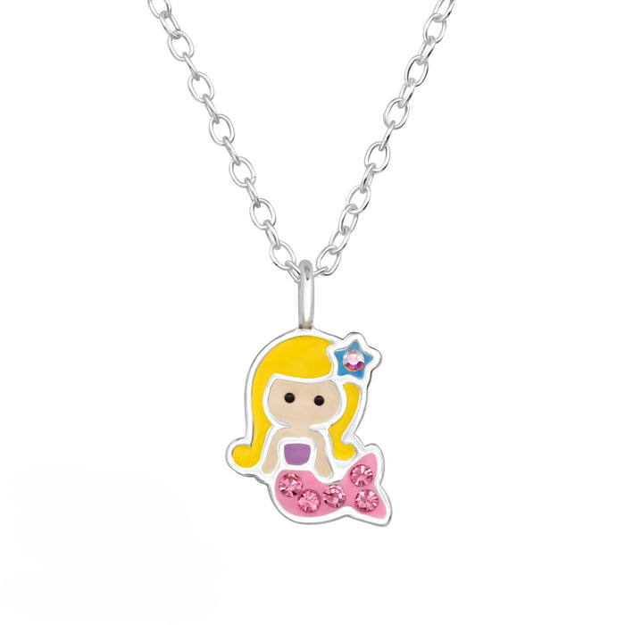 Joy|S - Zilveren zeemeermin hanger met ketting - gele haartjes roze staart met kristal - ketting 39 cm (verstelbaar 36 cm of 39 cm)