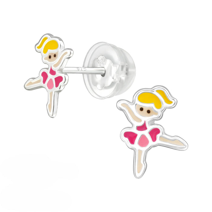 Joy|S - Zilveren ballerina danseres oorbellen - massief - 7.8 x 9.3mm - kinderoorbellen - extra zacht sluiting (vlindersluiting met siliconen omhulsel)