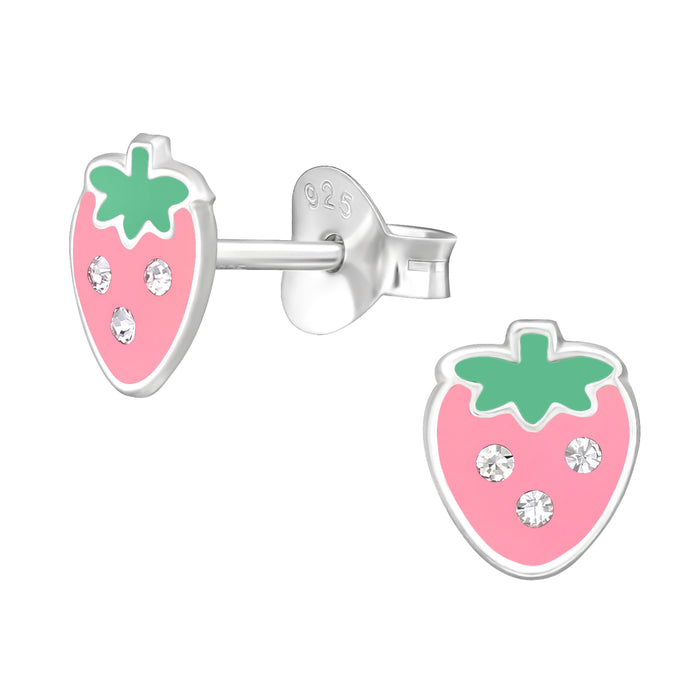 Joy|S - Zilveren aardbei oorbellen - 6 x 7 mm - roze met kristalletjes - kinderoorbellen