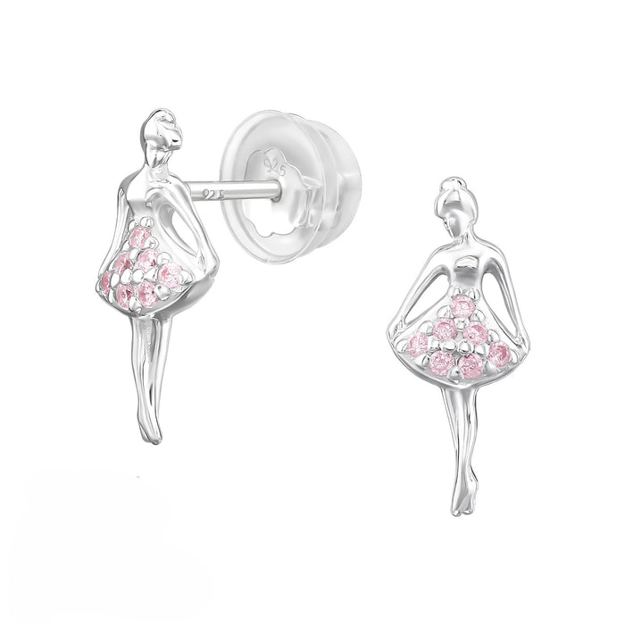 Joy|S - Zilveren ballerina danseres oorbellen - massief - zilver roze met zirkonia - 5.6 x 13 mm - kinderoorbellen - extra zacht sluiting (vlindersluiting met siliconen omhulsel)