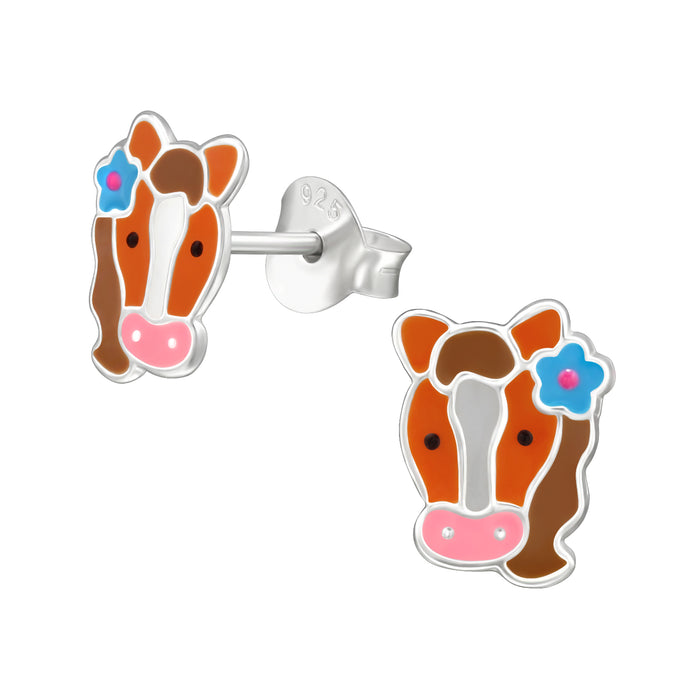 Joy|S - Zilveren paard oorbellen - 7 x 9 mm - bruin paardenhoofd met blauwe bloem - sterling zilver 925 - kinderoorbellen