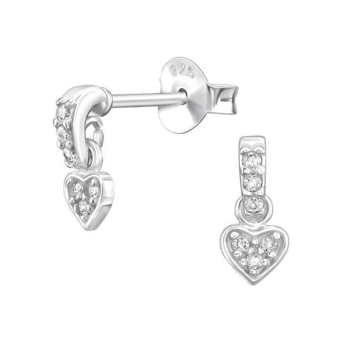 Joy|S - Zilveren hartje bedel oorbellen - oorknoppen met hangend hartje - 4 x 8 mm - zirkonia - sterling zilver 925 - kinderoorbellen