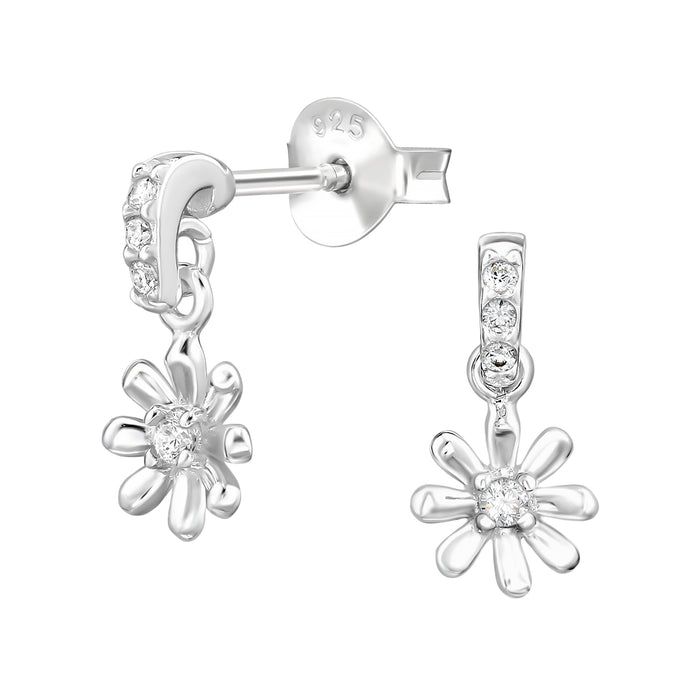 Joy|S - Zilveren bloem bedel oorbellen - oorknoppen met hangend bloemetje - 6 x 12 mm - zirkonia - sterling zilver 925 - kinderoorbellen