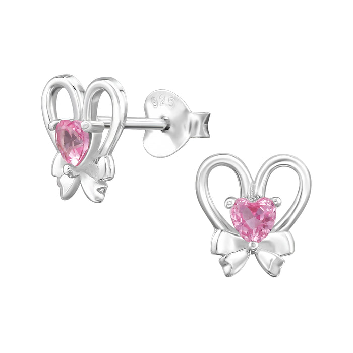 Joy|S - Zilveren hartje oorbellen met strikje - 7.8 x 8.3 mm - roze hartje zirkonia - oorknoppen - sterling zilver 925