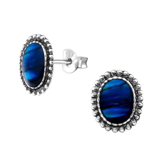Joy|S - Zilveren ovaal oorbellen 9 x 11 mm geoxideerd abalone dark blue/ blauw