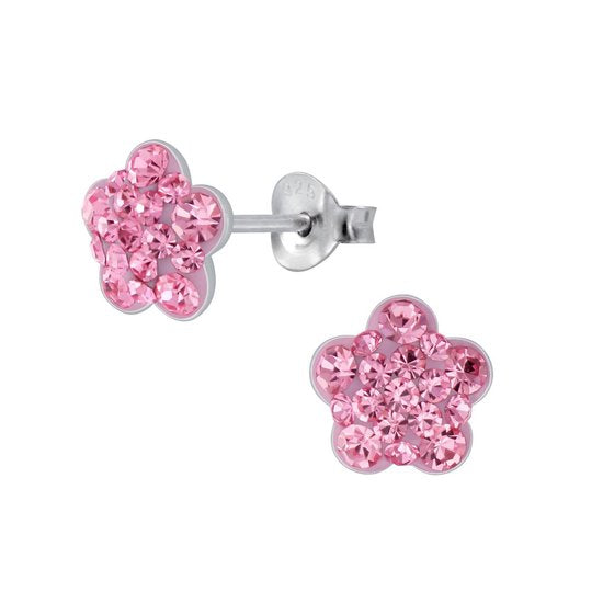Joy|S - Zilveren bloem oorbellen - 8 - mm kristal roze