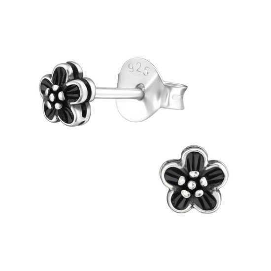 Joy|S - Zilveren petit daisy bloem oorbellen - 4 mm - geoxideerd