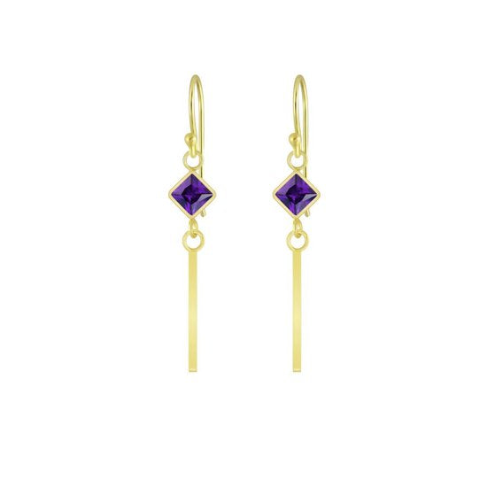 Joy|S - Zilveren zirkonia ruit oorbellen met bar (staaf) paars - goudplating